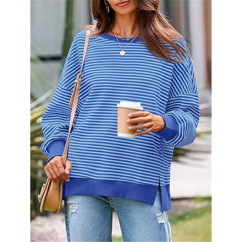 Dames Gestreept Crewneck Sweatshirt Los Oversized Lange Mouw Pullover Casual Dagelijks Blouse Top