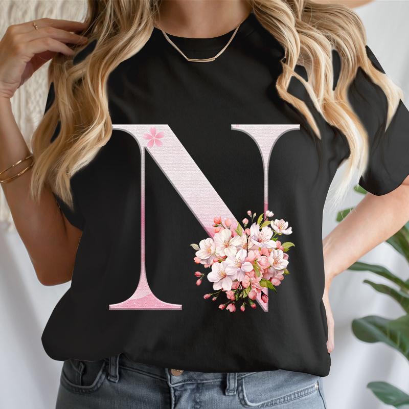 Y2k Cherry Blossom Letter Az Tshirts Unisex Pink Floral Aesthetic Alphabet Tees Short Sleeve Boho Chic Tops Mama Gifts Tshirts