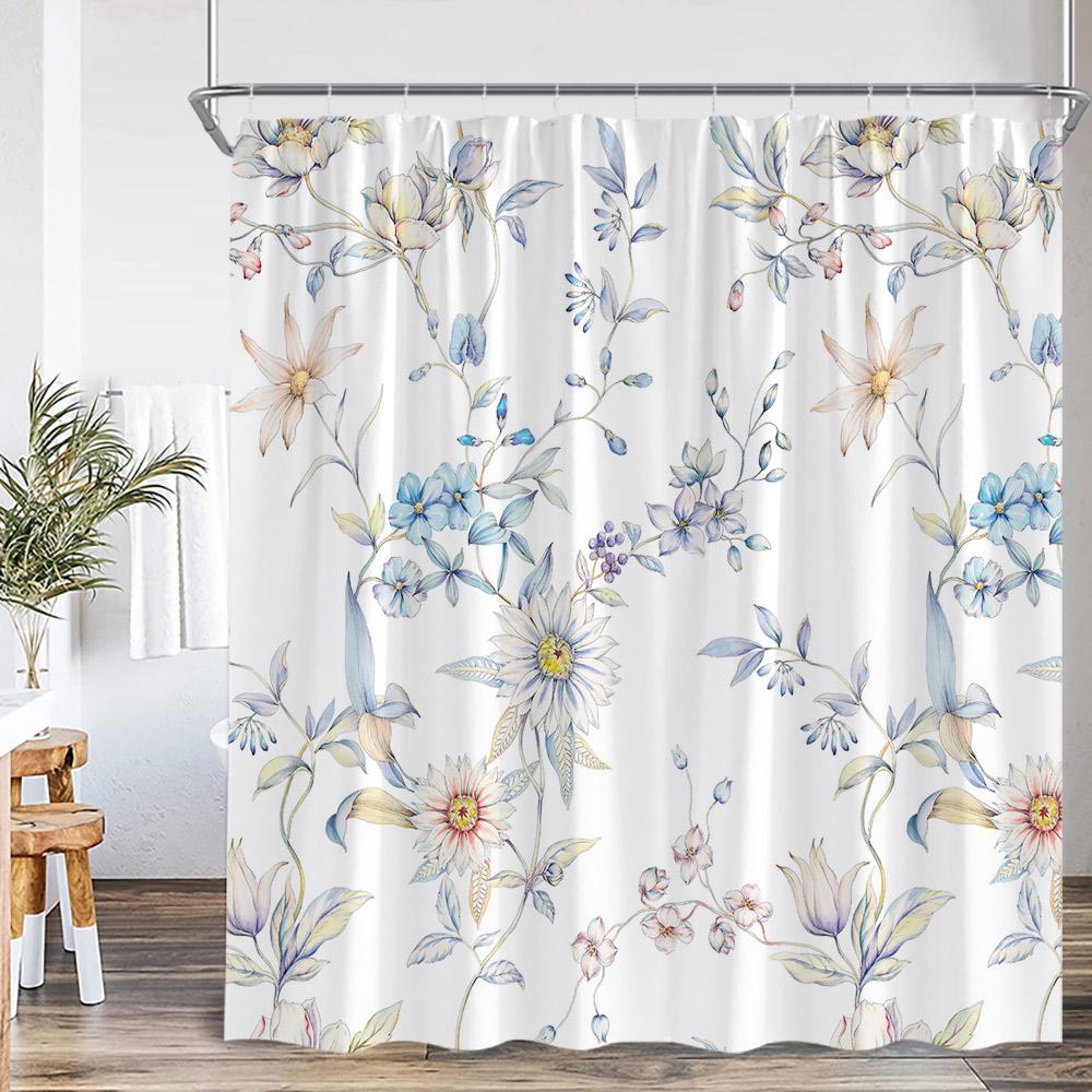 Floral Print Shower Curtains Watercolor Wildflowers Green Leaves Birds Butterfly Bathroom Decorations Polyester Bath Curtains