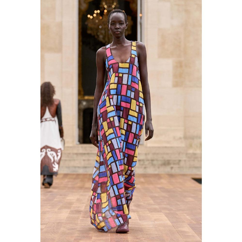 Abito Maxi da Donna Girocollo Senza Maniche Stampa Geometrica Vestibilità Larga Vita Elastica Abito Lungo Casual per le Vacanze