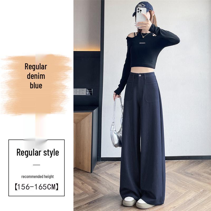 Women's Denim Slim-Fit Wide-Leg Jeans - Blue, Autumn/Winter, Loose, Slimming, Petite Drapey Straight-Leg Casual Pants