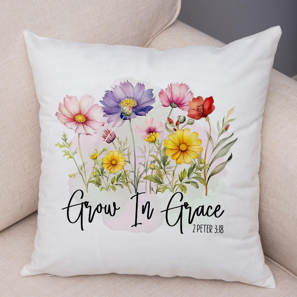 Grow In Grace Flowers Pillowcase Double Print Faith Hope Love Cushion Cover Soft Plush Wildflowers Cross Pillowe Case for Sofa