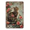 Vintage Metal Poster Cat With Rose Wall Decor