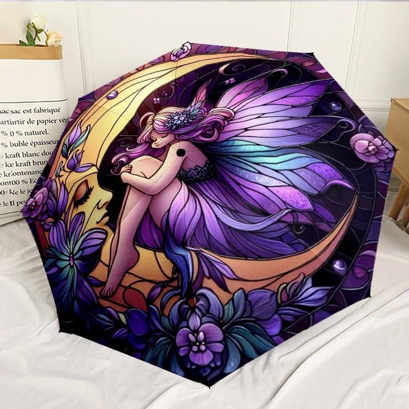 Stained Glass Fairy 8-Frame for Travel, Camping, Casual Lightweight Portable Umbrella, Essential for Every Family Holidays Birthday Gift