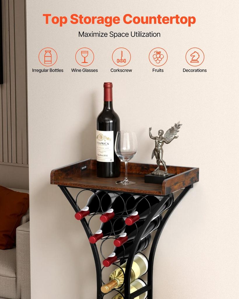 15 Bottle Wine Rack,Iron Freestanding Floor Wine Holder, Mini Bar Stand Liquor Cabinet with Wood Tabletop, For Home Bar,Kitchen,Living Room,Dining