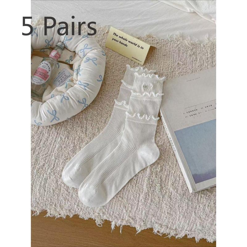 5 Pairs of Women's Summer Thin Breathable Cotton Lace Bow In The Tube Pile Socks