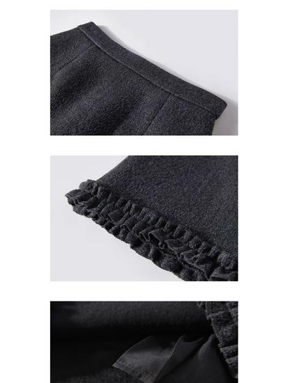Women's Plus Size Grey Wool Ruffle Trim Half Skirt, Thick A-line Mini Skirt Pants for Spring/Autumn