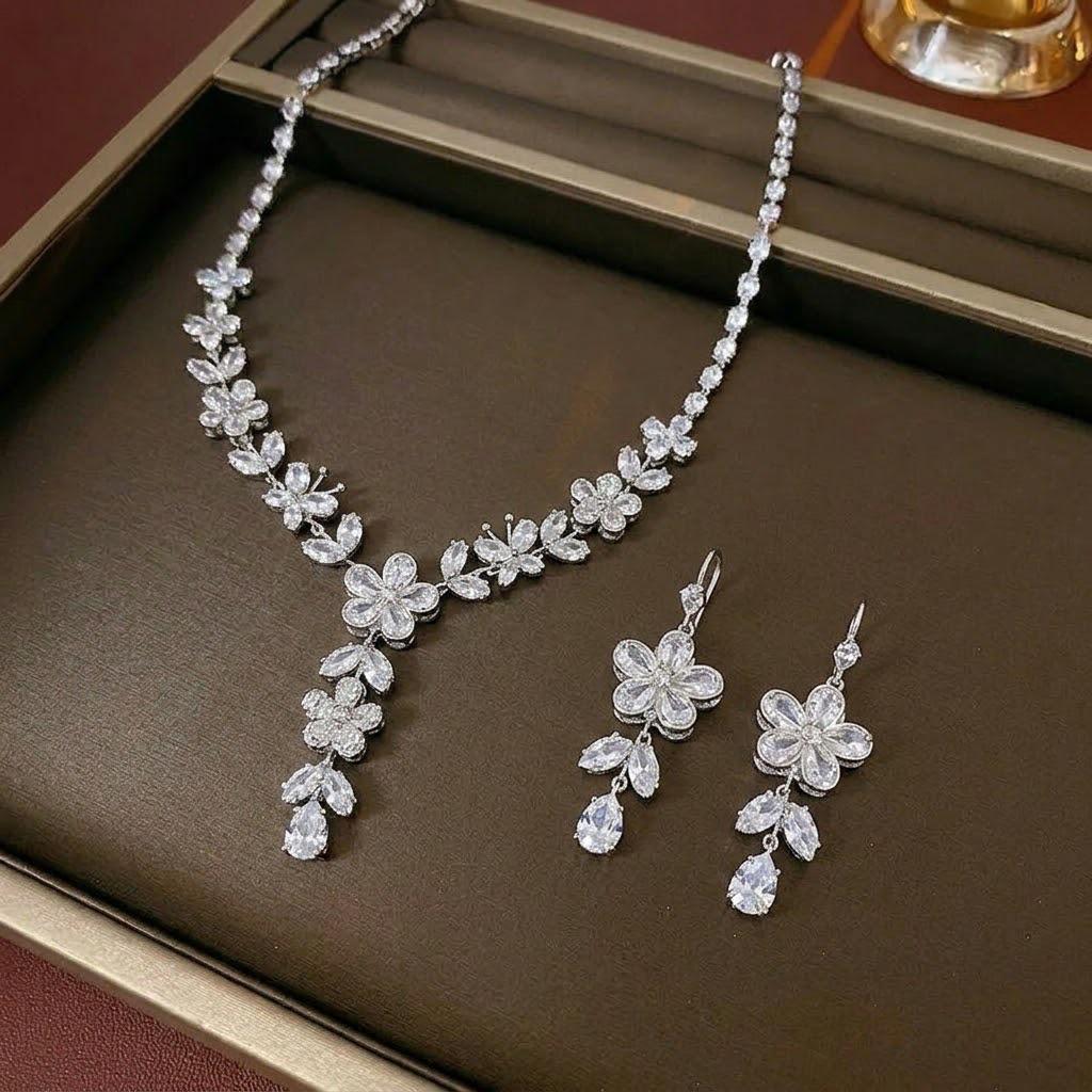 European & American Style Zircon Emerald Necklace & Earrings Set - Plum Blossom Clavicle Chain Trend