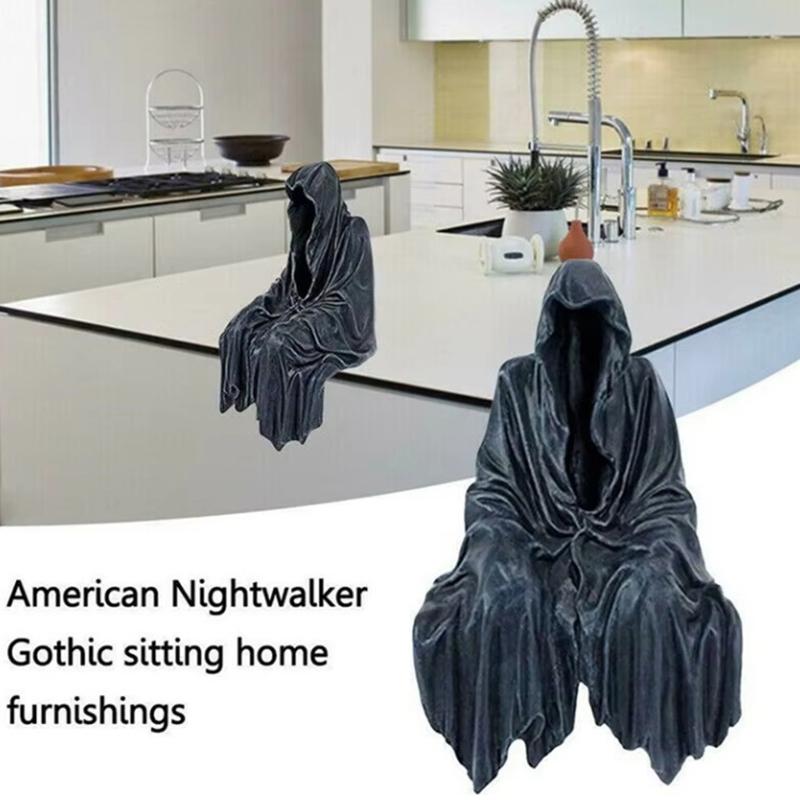 Resin Grim Reaper Sculpture Art Decorative Desk Figure Ornaments Mysterious Man Sitting For Home Desktop Decoration