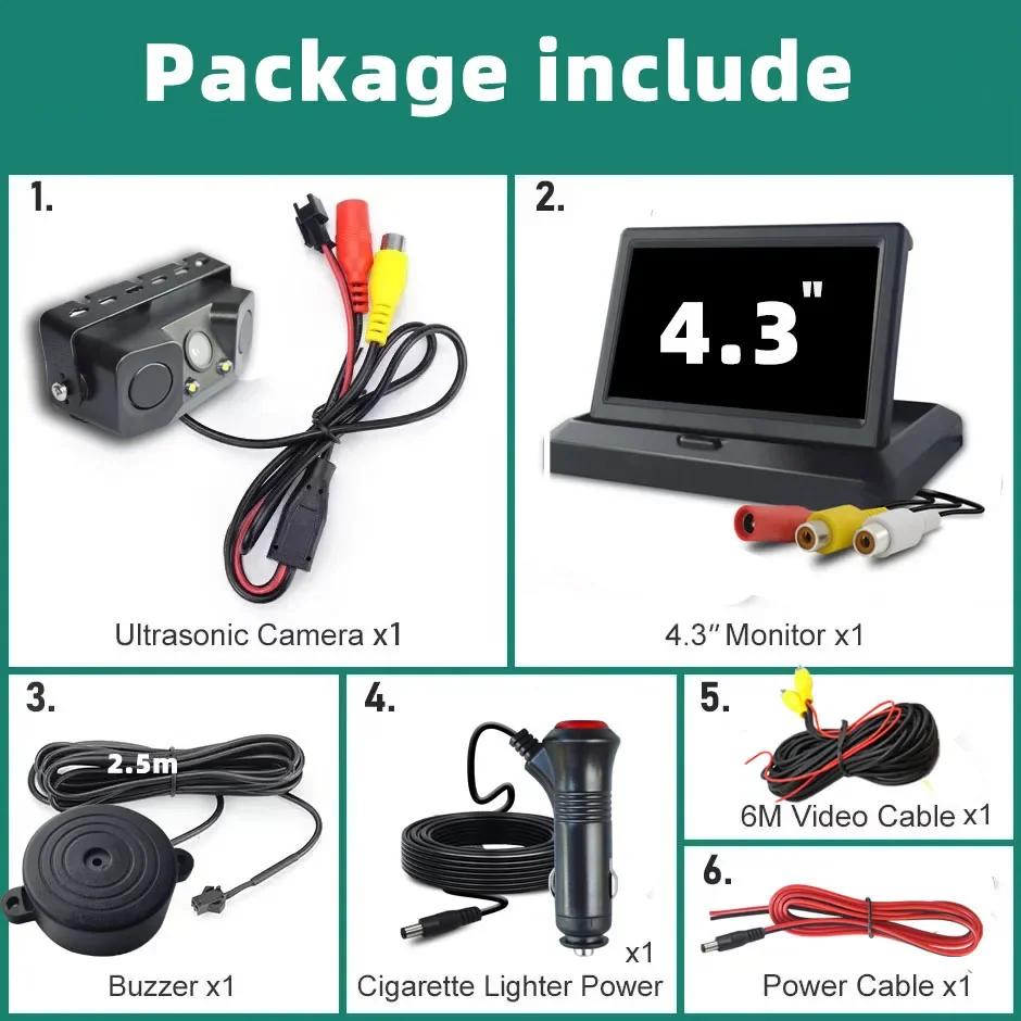 3 In 1 Backup Reversing Camera Parktronic Car Video Parking Sensor Kit Radar Visible Display 4.3in/5in Monitor System Alarm