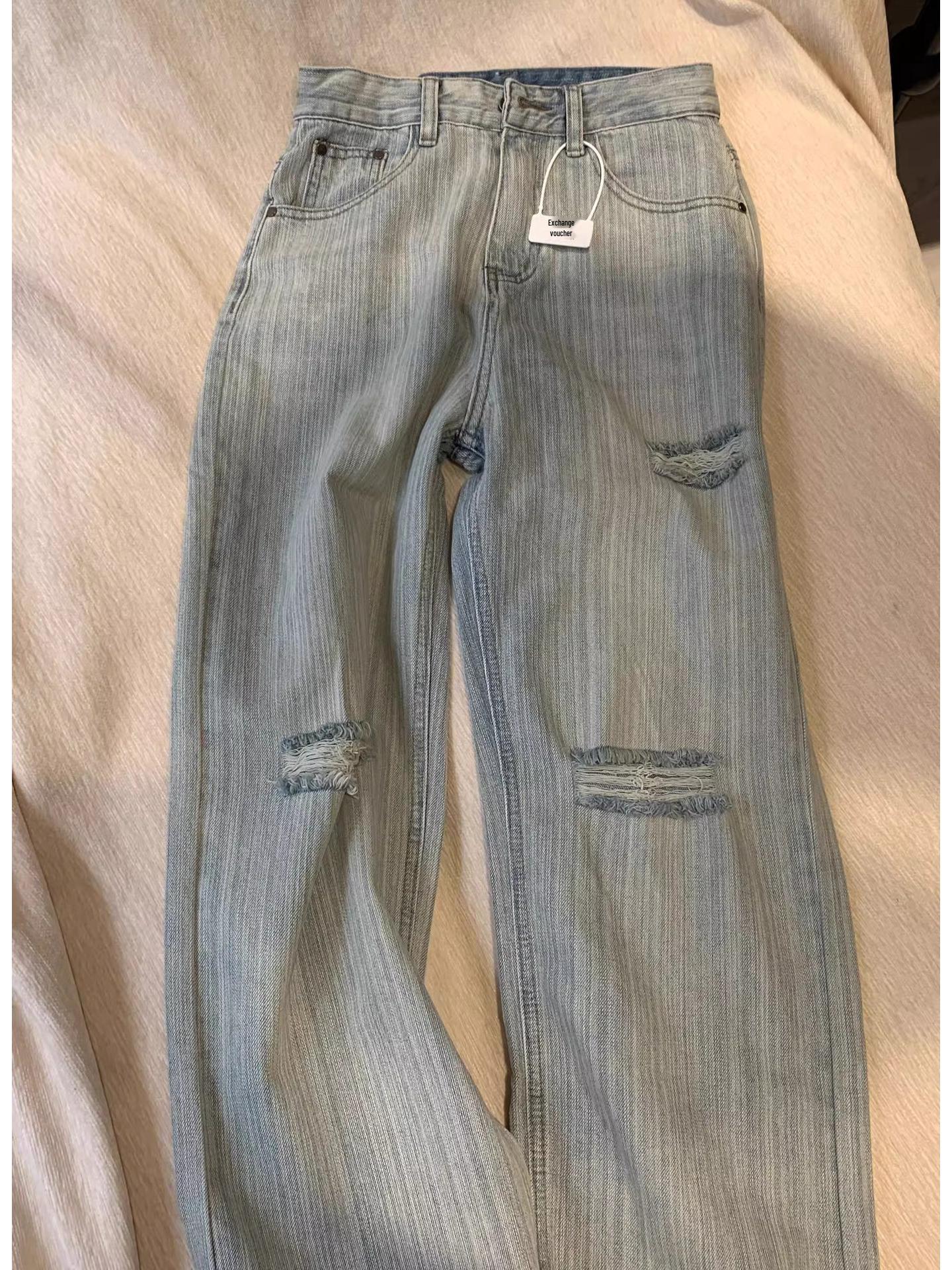 

Women s Light Ripped High-Waisted Wide-Leg Jeans, Autumn/Winter 2024 Slim Style L синий