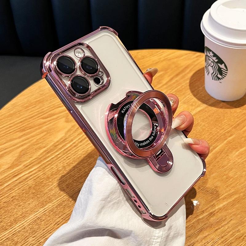 

Роскошное гальваническое покрытие, ударопрочный магнитный кронштейн для Magsafe, прозрачный чехол для iPhone 16 15 Pro Max 11 12 13 14 с подставкой-держателем iPhone 15 Pro Max розовый
