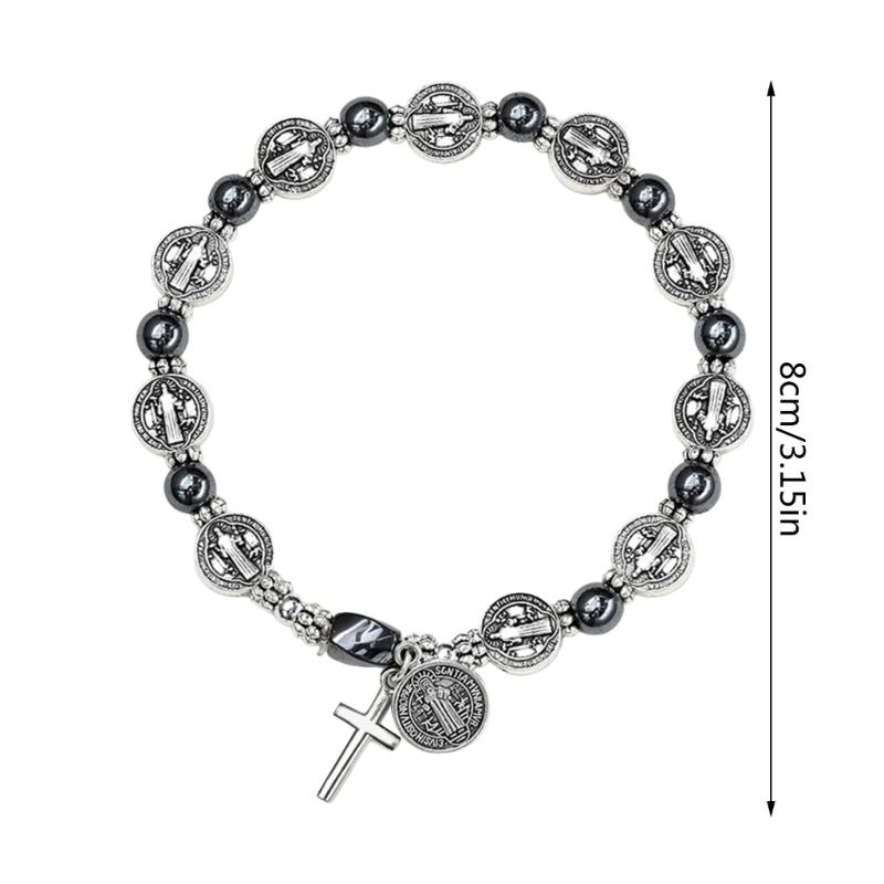 Christian Crosses Prayer Beads Bracelet, Natural Wood Carved Religious Symbol Jewelry Accessory for Worship and Blessing