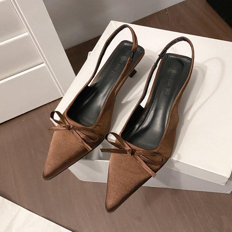 

[Youshilai] Satin bow bag head sandals women s 2025 summer thin heel temperament pointed high heels 42