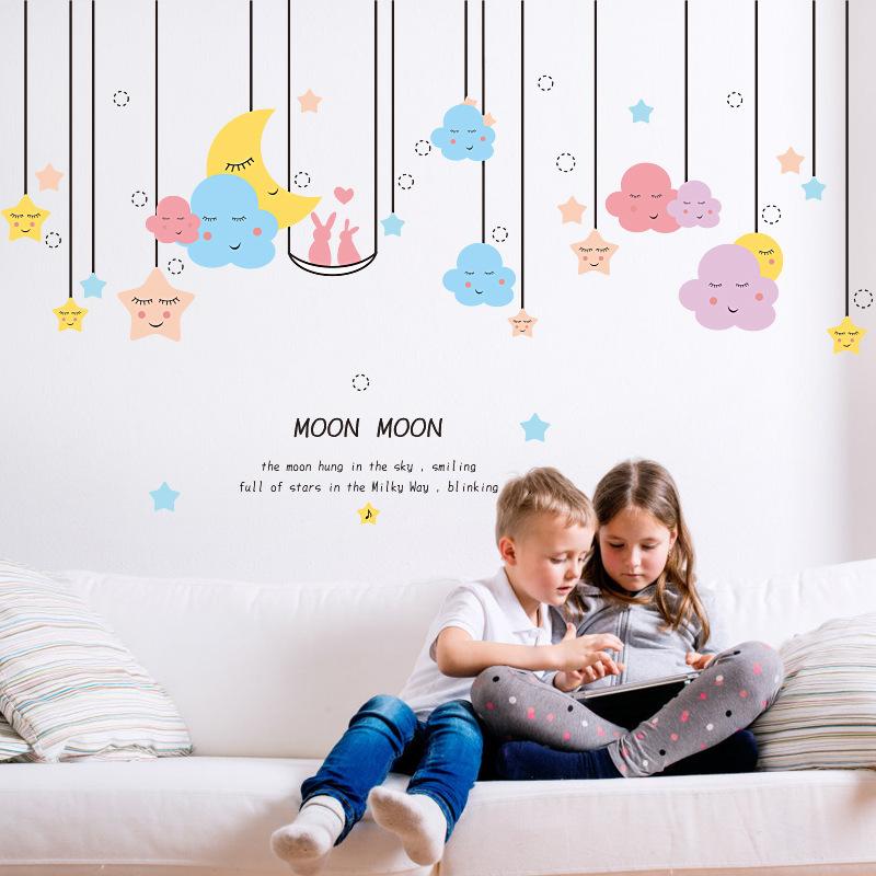 Cartoon Moon Clouds Stars Wall Stickers for Kids Room Decor Nursery Living Room Bedroom Background Vinyl Decals