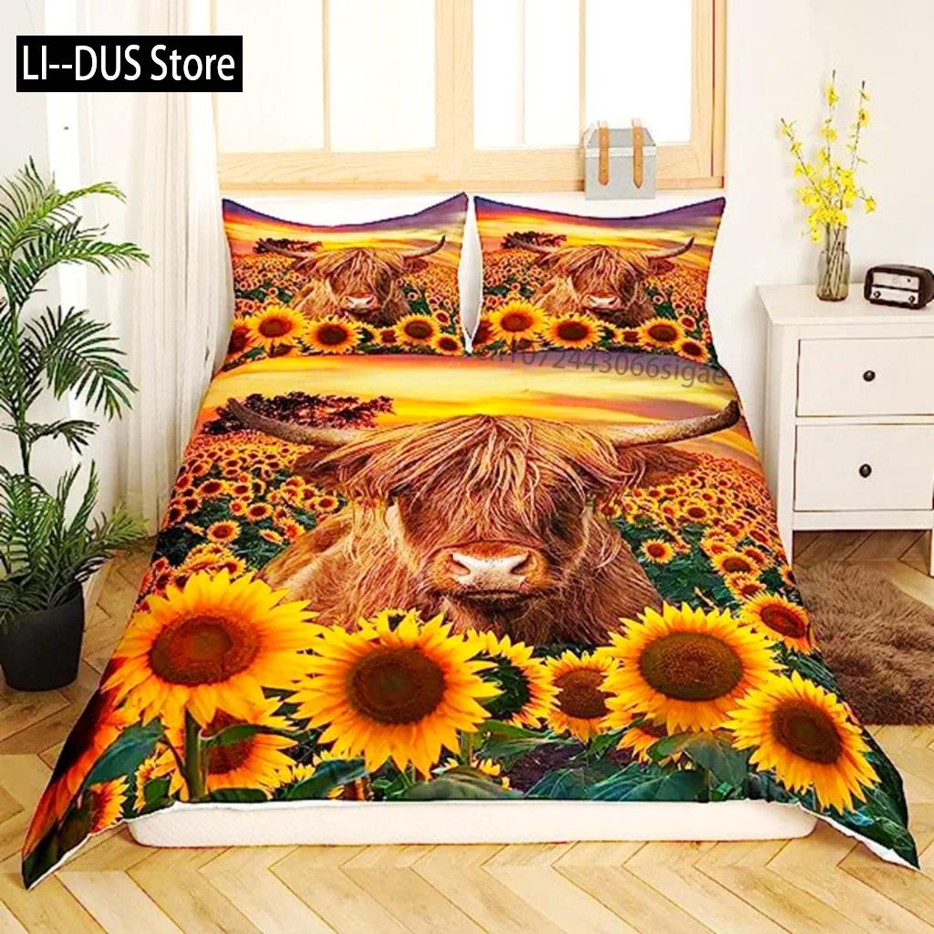 

Comforter Highland Cow Flower King Size Bull Cattle Bedding Set Western Funny Animal Comforter Set Wildlife Farmhouse Comforter (quilt)-EU Single(135*200cm)3pcs