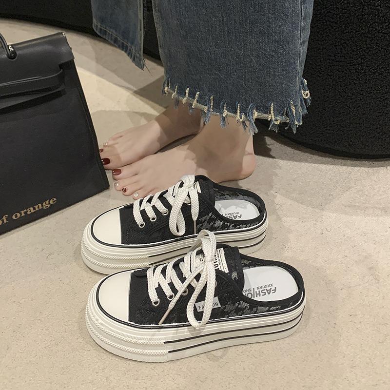 Fashion Summer Women's Shoes Breathable Canvas Slippers Fashion Platform Height Increasing Shoes for Women Casual BaoTou Half Slippers