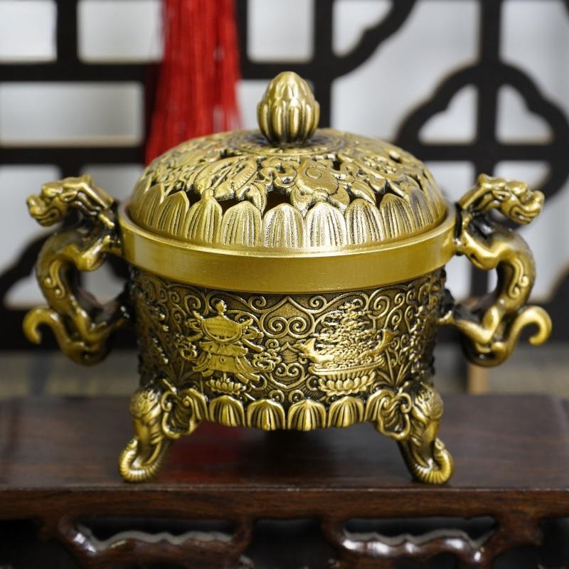 Antique Double Dragon Eight Treasure Auspicious Incense Burner Three-legged Censer Home Decoration Ornaments Religious Supplies