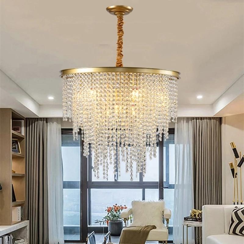 American LED Crystal String Ceiling Indoor Lamp Crystal Lustre Luxury Chandeliers for Living Room Bedroom Style Pendant Light
