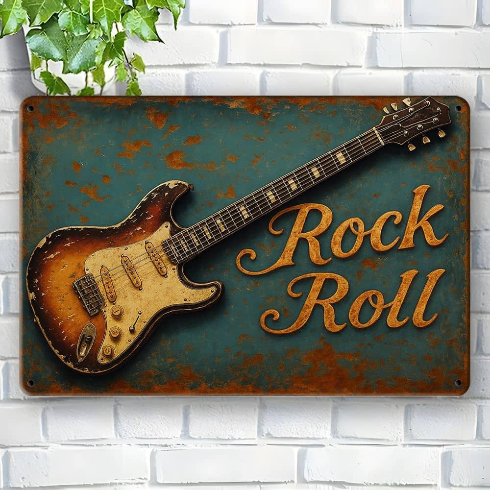 

Винтажная вывеска в стиле рок-н-ролл - состаренное настенное искусство с гитарой для музыкальных пространств и кафе чистый