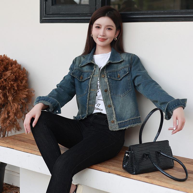 Women's Retro Short Denim Jacket with Polo Collar