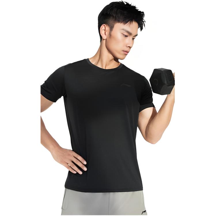 Li Ning T-Shirt mit schlichtem Logo-Print, Rundhalsausschnitt und kurzen Ärmeln, Herren, Schwarz, ATSR293-1