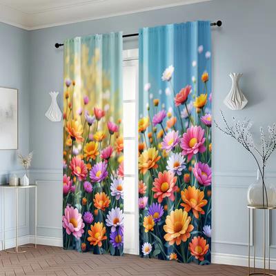 Set Of 2 Fashionable Curtains Little Rainbow Flowers Garden Polyester Without Rod Outdoor Decorations Perfect Curtain