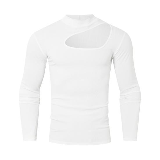 

Мужской топ с высоким воротником, рваный дизайн, однотонный, вырез, облегающий, для фитнеса, спортивная футболка, эластичная, уличная, спортивная одежда S белый