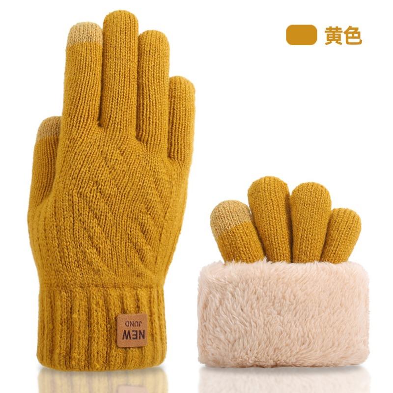 Knitted gloves, women's autumn and winter warm outdoor cycling cold-proof double-layer velvet thickened, touch screen gloves