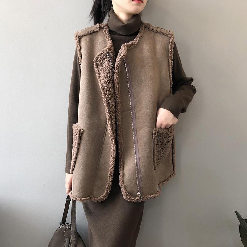 Gilet da donna autunno e inverno, morbido e comodo, da indossare su entrambi i lati, con tasche in tinta unita