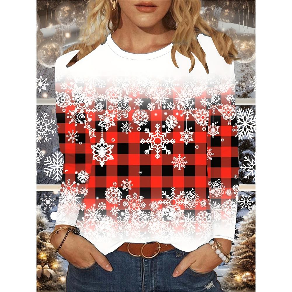 3D Printed Christmas Theme O-Neck Red Long Sleeve T-Shirts Fashion Womens Clothing