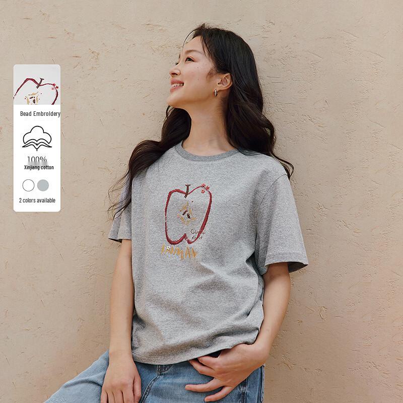 INMAN Women s 100% Xinjiang Cotton 3D Fruit Embroidered Short Sleeve T-shirt S