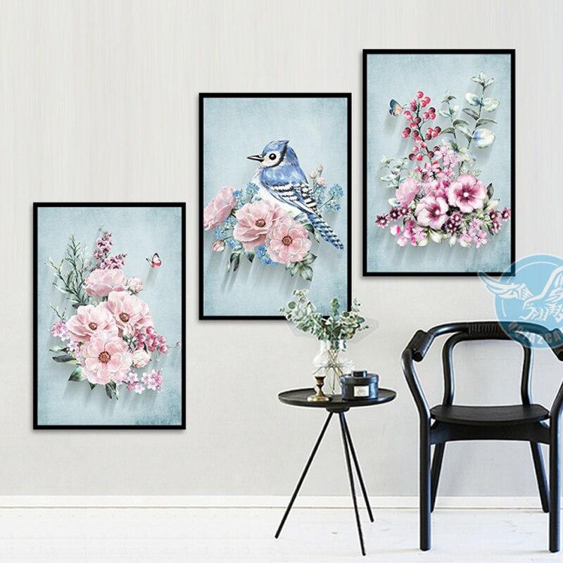 Pink Flowers Poster Print Wall Picture Modern Decoration Blue Birds Wall Art Pictures Canvas Print Painting for Living Room Home Decor