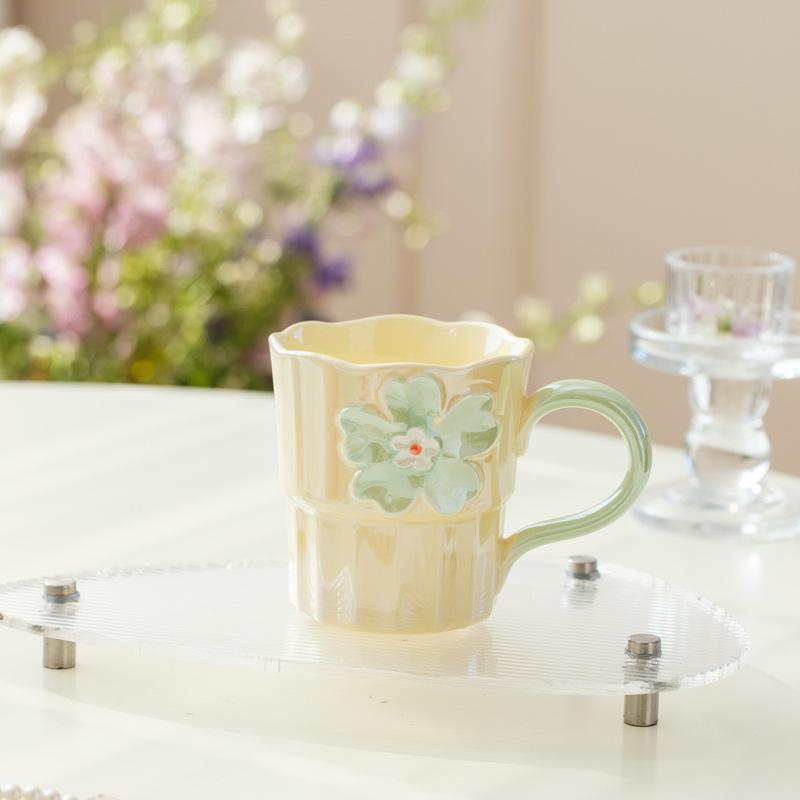 Pearl Glaze Hand-painted Relief Mug Home Office Light Luxury High-end Ceramic Water Cup High Value Cross-border Cup