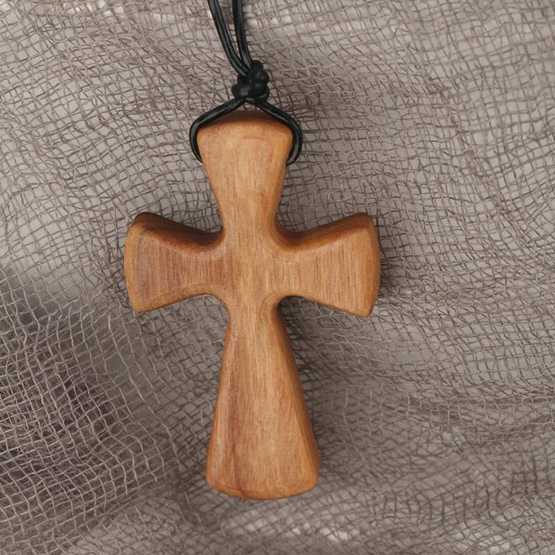 Hand-carved Tapered Wood Cross-shape Necklace Long Leather Rope Adjustable Olive Wood Pendant for Boys Girls Men Women