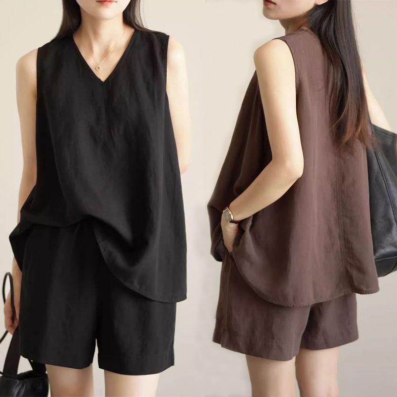 Summer Cotton Linen Casual Sleeveless Two-Piece Set Simple Top Shorts Fashion Design Comfortable Polyester Blend Women's Outfit