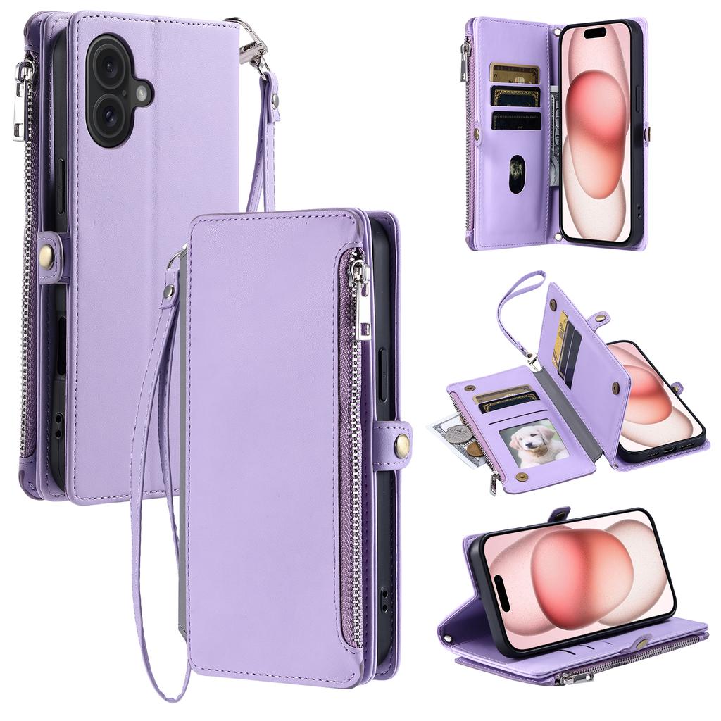 015 Style For iPhone 16 Plus Case Scratch-Resistant Leather Wallet Phone Cover with Straps
