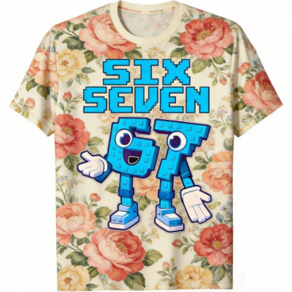 Modisches Herren-T-Shirt 67 Six Seven Blumenstreifen-Print Herren- und Damen-T-Shirts Top Sommer Kurzarm Rundhalsausschnitt Lässig Outdoor Herrenbekleidung