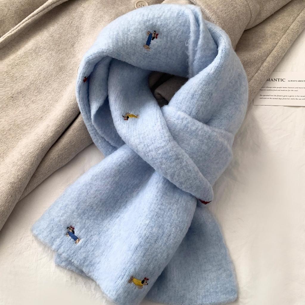 Korean Autumn and Winter Atmosphere, Dachshund Dog Embroidered Knitted Scarf, Female Student Warm Neck Protection and Cold Protection Versatile Scarf