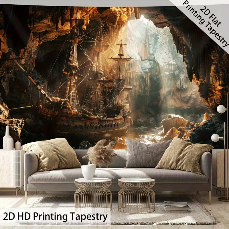 2D Flat Pirate Cave Backdrop - Retro Galleon Cave Party & Home Decor Background