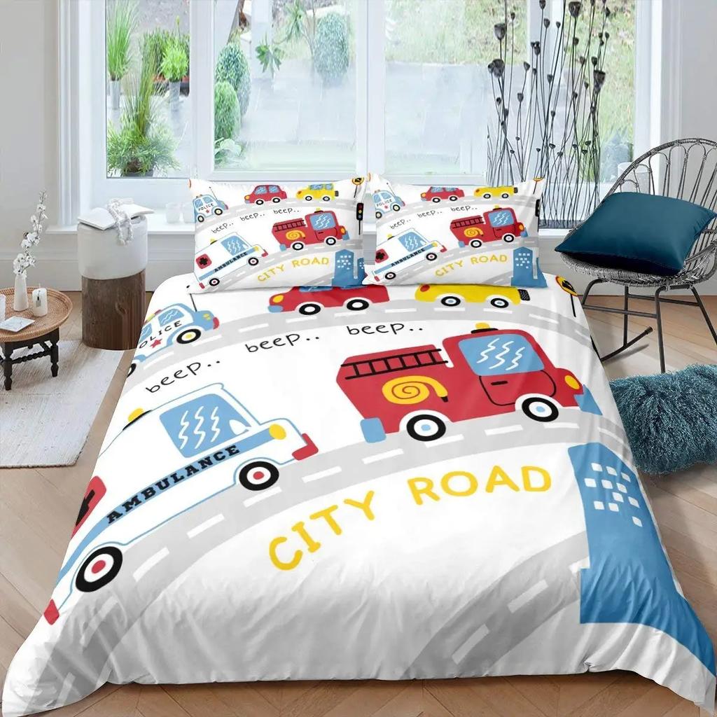 Comforter Ambulance Car King Queen White Cartoon Medical Car Bedding Set For Kid Hospital Rescue Vehicle Polyester