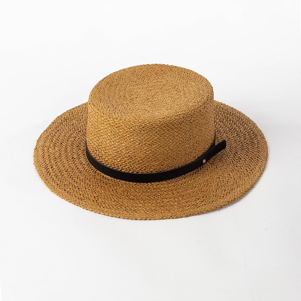 Spring and summer new fashion belt buckle paper grass wide brim flat top straw hat women outdoor shopping shade straw hat tide