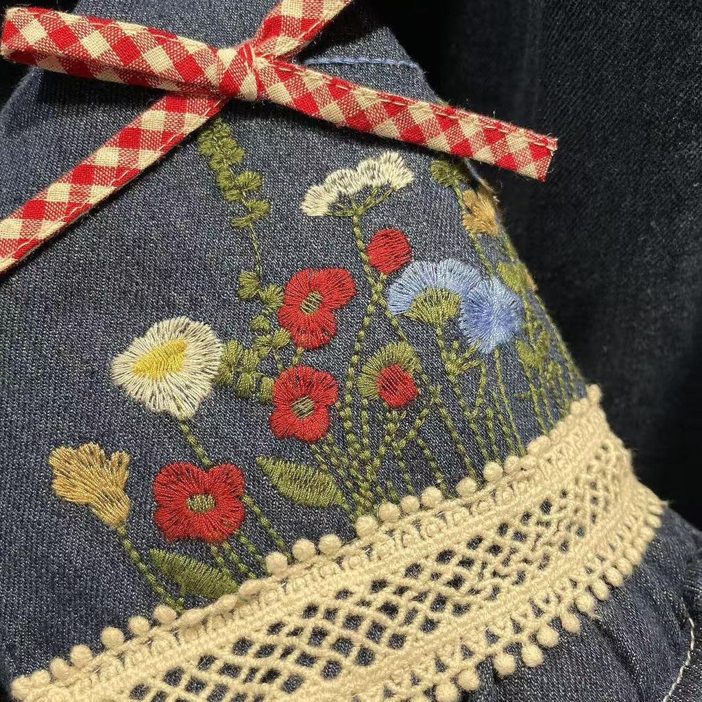 Haftowane Jeansy Szerokie Nogawki z Elastyczną Talia w Stylu Mori Girl dla Kobiet