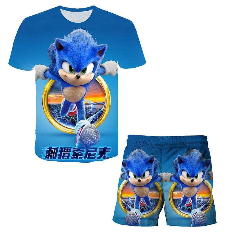 2025 MINISO New boys and girls super sonic Tshirts+shorts  Harajuku Sonic print suit T-shirt + shorts fashion street style children's short sleeves