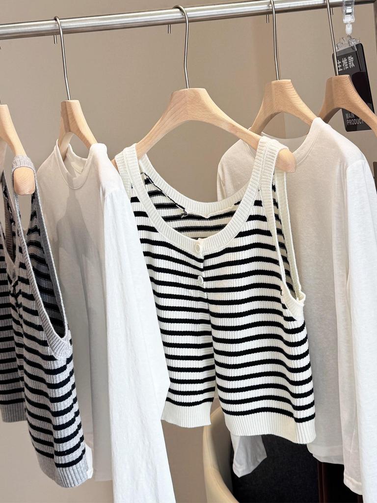 Women's Autumn Layered Korean Stripe Knit Cami & Tee Set