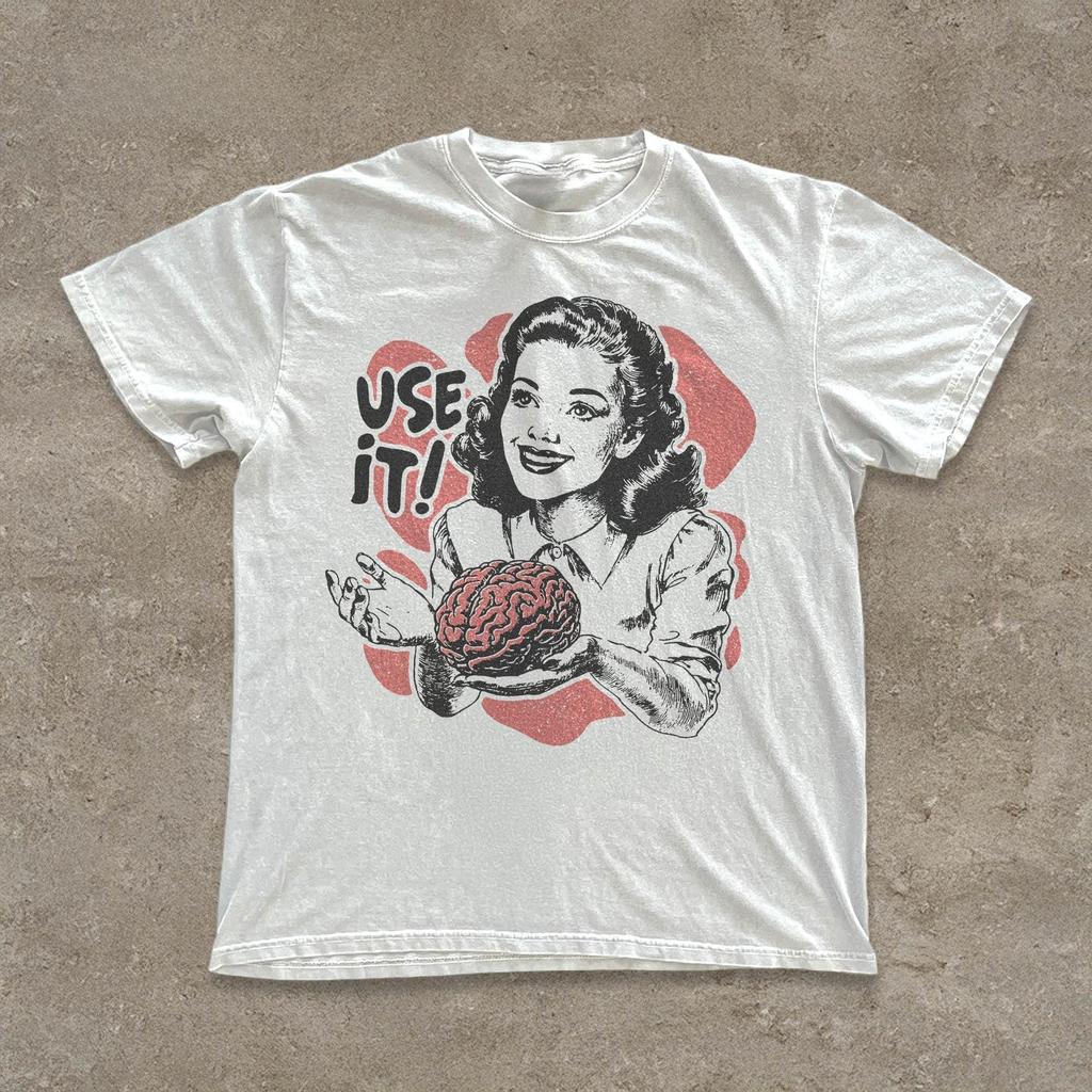 Use Your Brain Aesthetic Tshirt Retro 50s Summer Mens Tracksuit Harajuku Pullovers Shortsleeved Tops CottonCasual Sportswear