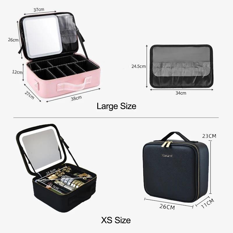 New Smart LED Lights Makeup Case For Women With Mirror Professional Large Capacity Waterproof PU Leather Travel Cosmetic Bags