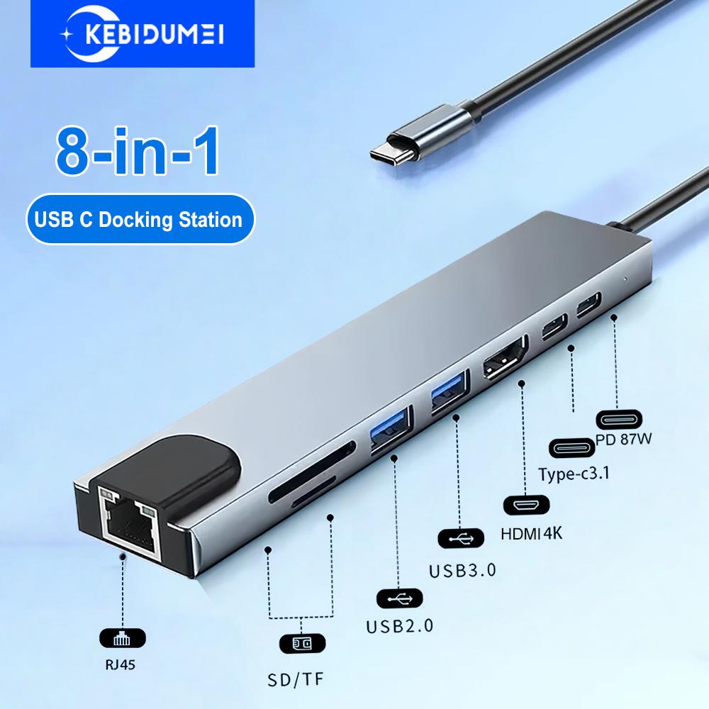 

KEBIDUMEI 8-in-1 USB 3.0 Hub Type C 3.1 to 4K HDMI Adapter USB C Docking Station Type C Splitter with RJ45 SD/TF for PC Laptop