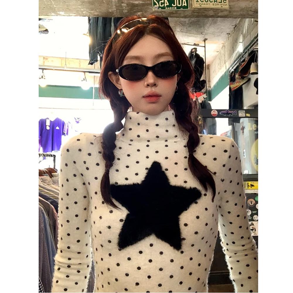 Korean Style Polka Dot Mink Fur Collar Long Sleeve T-shirt for Women - Autumn/Winter Base Layer
