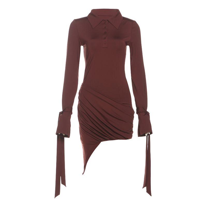 

# Sisjuly# Fashion Fashion Tie Design Polo Collar Asymmetrical Ruched Hem Long Sleeves Dress Female Summer Brown L
